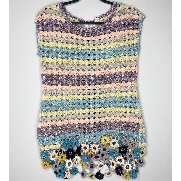 Anthropologie Edie Open Crochet Top Embellished Flower Sleeveless Sweater Knit M - Picture 2 of 10